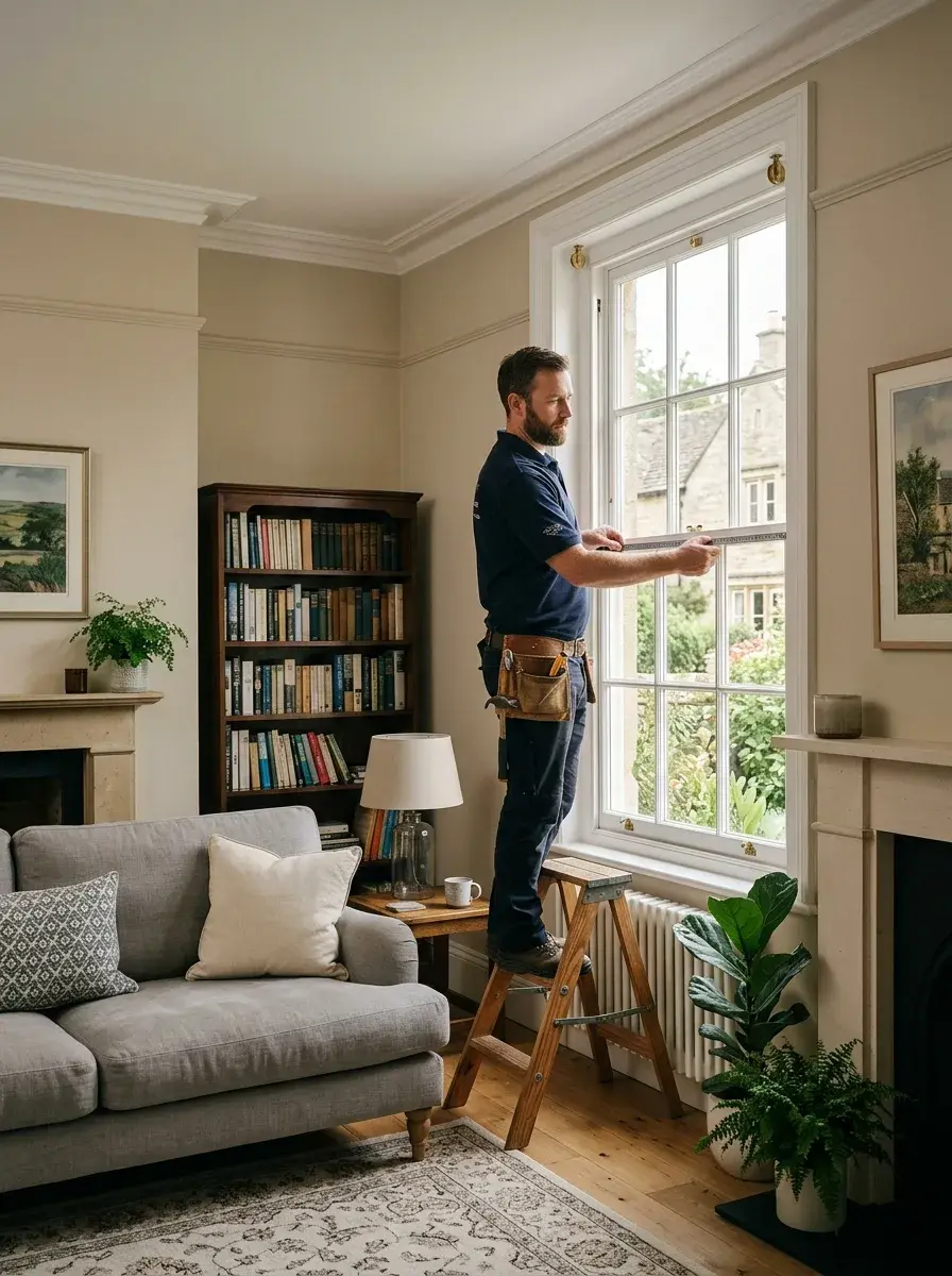 Professional blinds fitter measuring a window